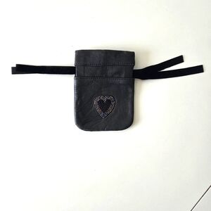 Black Leather Drawstring Pouch‎ with Beaded Heart Detail
